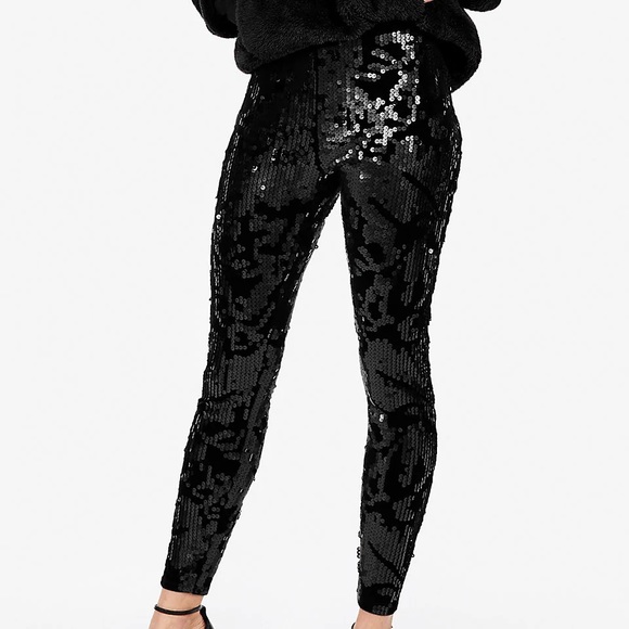 Express Pants - NWT Express High Rise Black Velvet Sequin Leggings, Medium